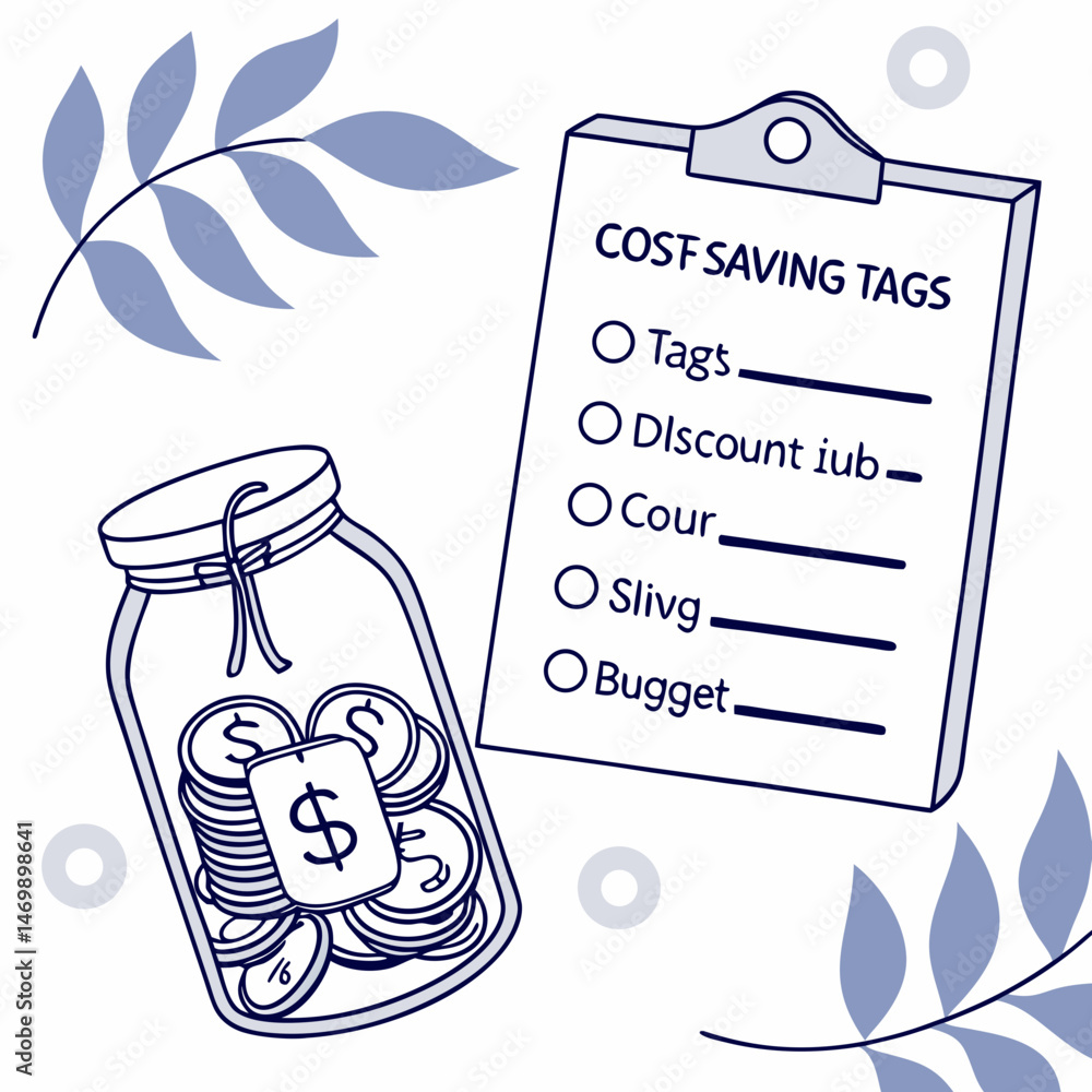 Poster cost saving strategies visualized with jar of money and clipboard checklist