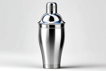 Stainless steel cocktail shaker standing upright with shiny surface on white background