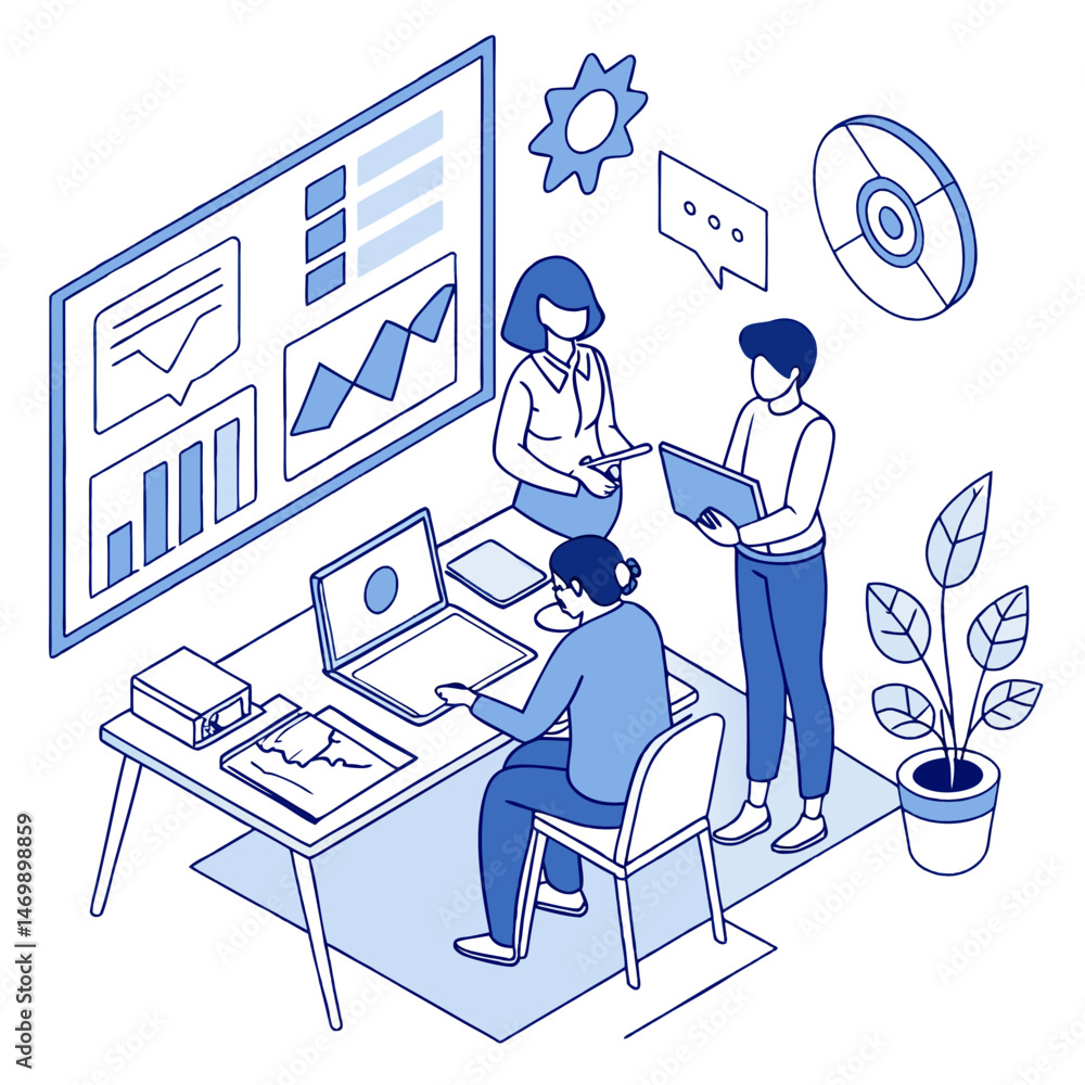 Aufkleber team collaborating and analyzing data in an isometric office environment