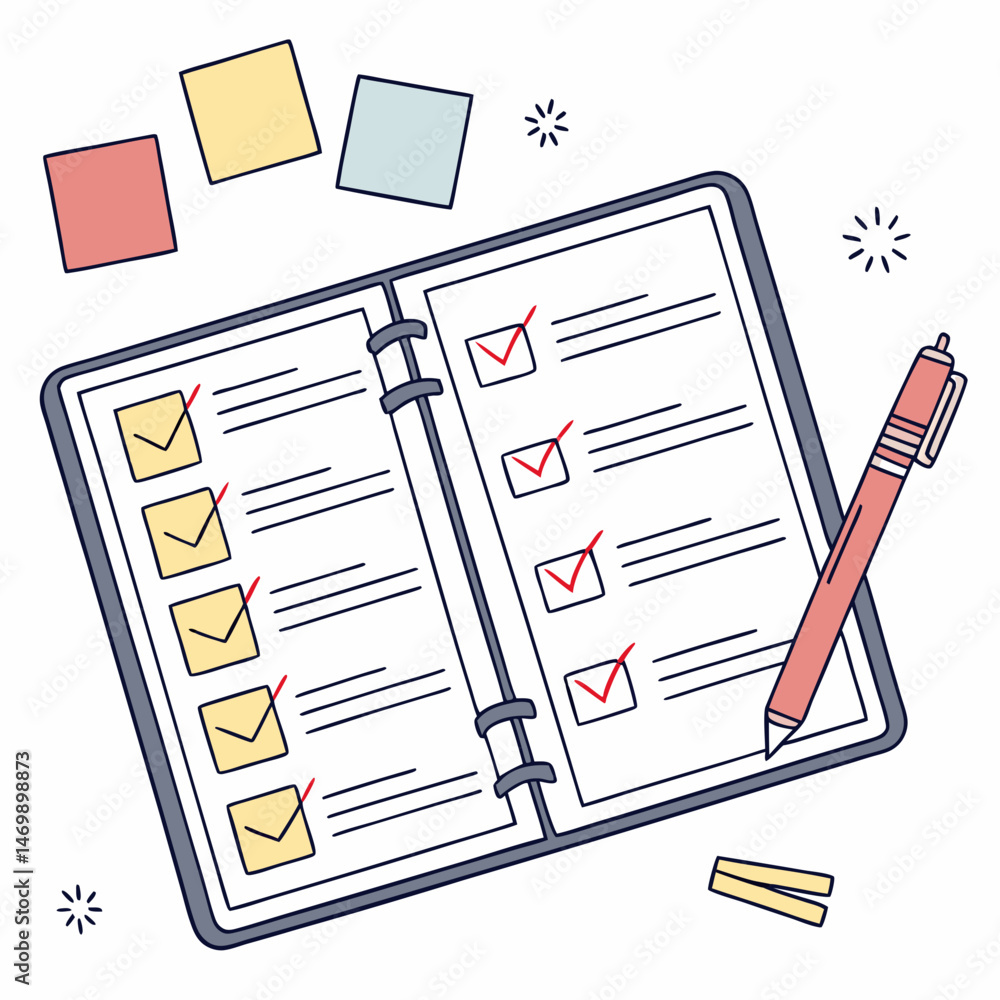 Poster illustrated checklist notebook with pen and post-it notes on a transparent background