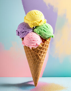 Cornet de glaces de plusieurs parfums, isol&eacute; sur fond abstrait de couleur pastel. 