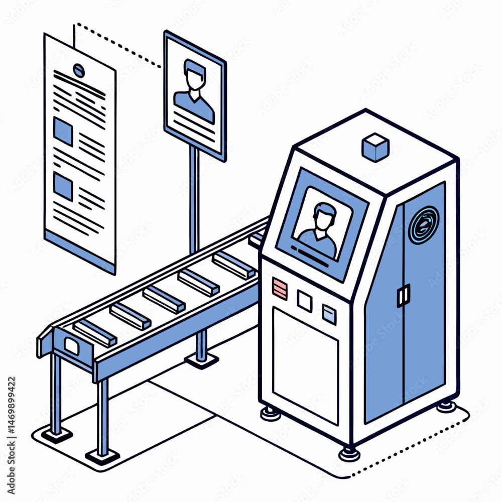 Poster isometric view of automated security system with inspection station and conveyor belt