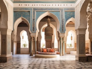 Elegant Blue Moroccan Architecture Featuring Intricate Geometric Patterns and Ornamental Design
