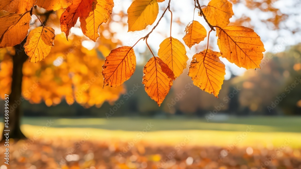 Poster warm toned autumn leaves hanging from a branch with bokeh background of trees and grass on a sunny d