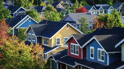 A vibrant, colorful, suburban neighborhood with houses painted in blue, yellow, and red, surrounded by lush green trees and a clear blue sky.