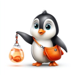 Fototapeta premium 3D cartoon penguin holding a fish in a bowl while wearing an orange bag on white background
