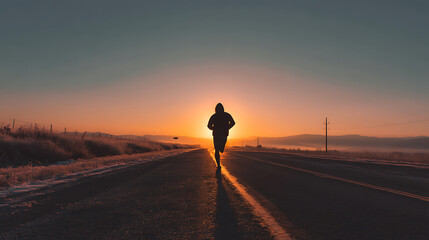 Runner silhouetted against sunrise