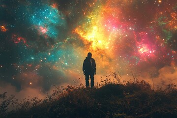 Celestial Silhouette on Grassy Hill at Dusk - Backpacker Gazing at Vibrant Star Cluster with Neon Nebula Background for Outdoor Advertising/Sci-Fi Posters
