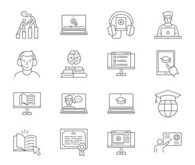 Online learning icons form a grid