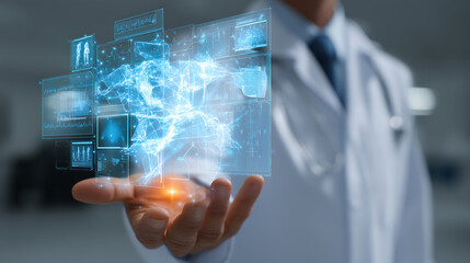 Doctor is presenting holographic medical chart, showcasing advanced technology healthcare. floating visuals represent data analysis and patient information, emphasizing innovation and precision