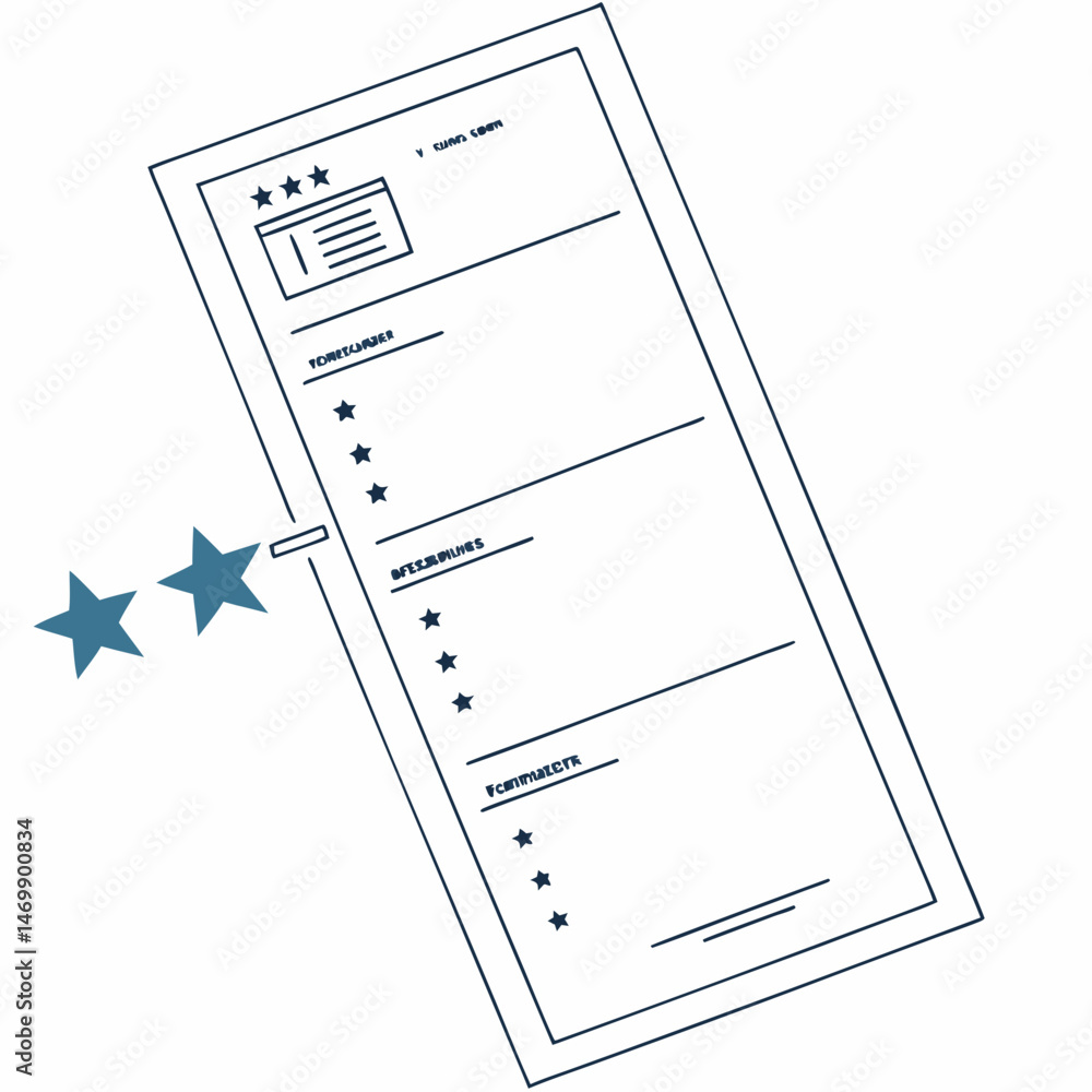 Poster hand drawn ui elements displaying information and star ratings on a white background
