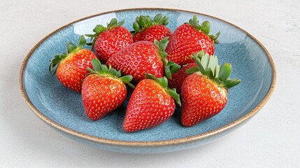 Strawberries on Blue Plate - Professional Natural-Light Food Shoot with Shallow Depth of Field, Healthy Snack Ads/Dessert Menu Visual
