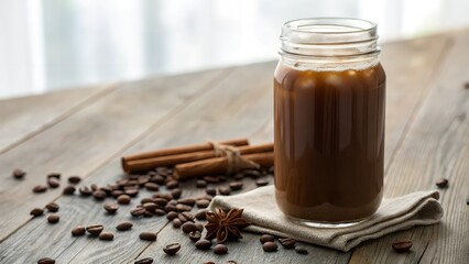 Iced coffee in a jar with cinnamon sticks and coffee beans on a wooden table