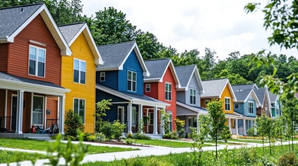 A vibrant, colorful row of houses with a mix of colors including yellow, blue, and red, set against a backdrop of green trees and a clear blue sky.