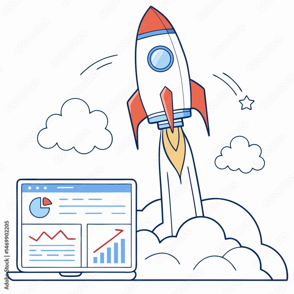 Poster rocket launch and data analysis concept demonstrating business growth and innovation