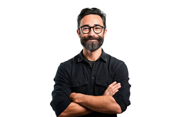 Fototapeta premium Casual man smiling with arms crossed and wearing glasses, isolated on white background