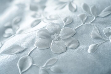 Obraz premium Delicate embroidered floral pattern on light blue fabric, showcasing elegant stitchwork and soft texture.