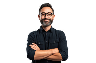Casual man smiling with arms crossed and wearing glasses, isolated on white background