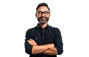 Casual man smiling with arms crossed and wearing glasses, isolated on white background