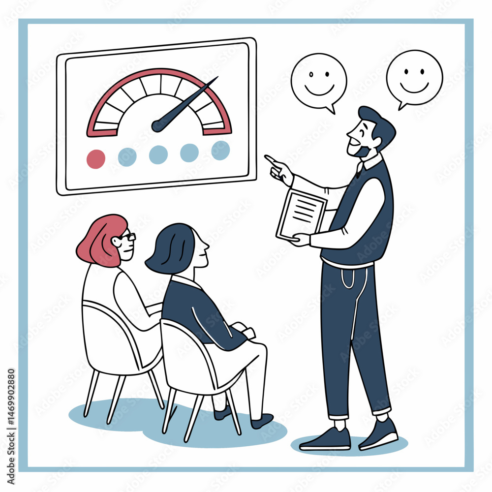 Poster presentation showing positive results to a seated audience and an evaluation meter.