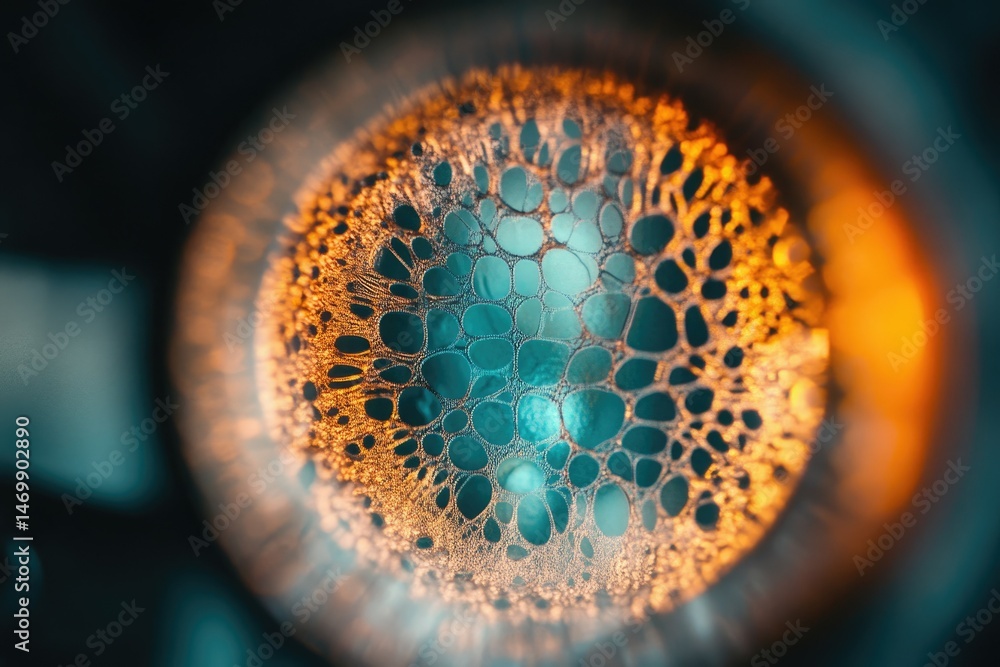 Poster microscopic view of intricate, teal and gold cellular structures, resembling a honeycomb pattern.