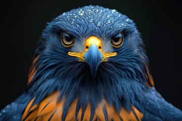 Fototapeta premium Close-up of a regal raptor, vibrant blue feathers, water droplets, intense gaze