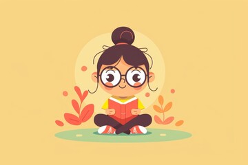 Cute illustration of young girl reading a book in nature