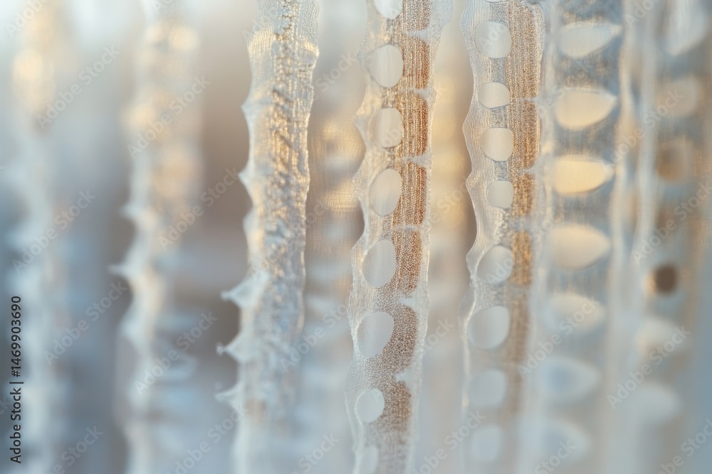 Aufkleber close-up of delicate, translucent, ice-like structures, exhibiting intricate patterns and textures.