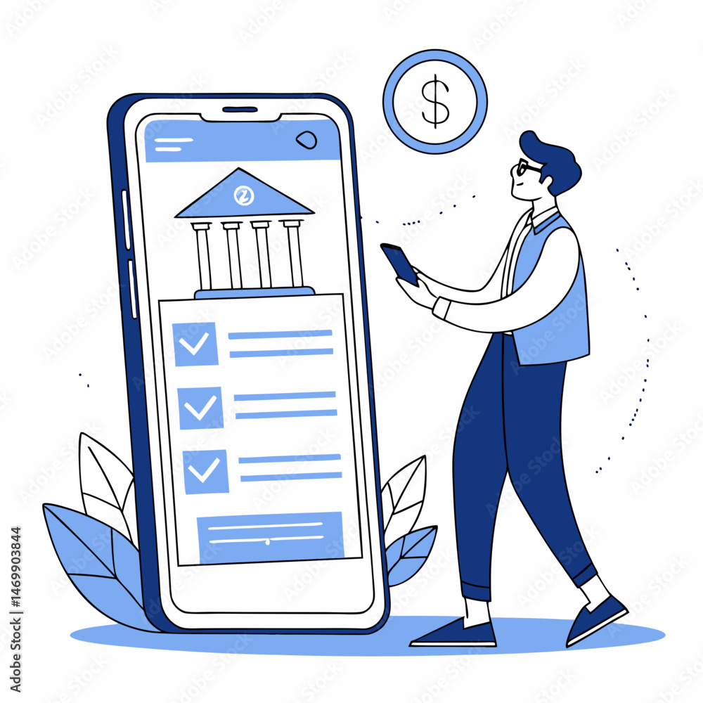 Poster mobile banking application user managing finances and checking balance
