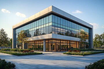 Modern glass office building with landscaped entrance and sleek architectural symmetry under blue sky high resolution photo