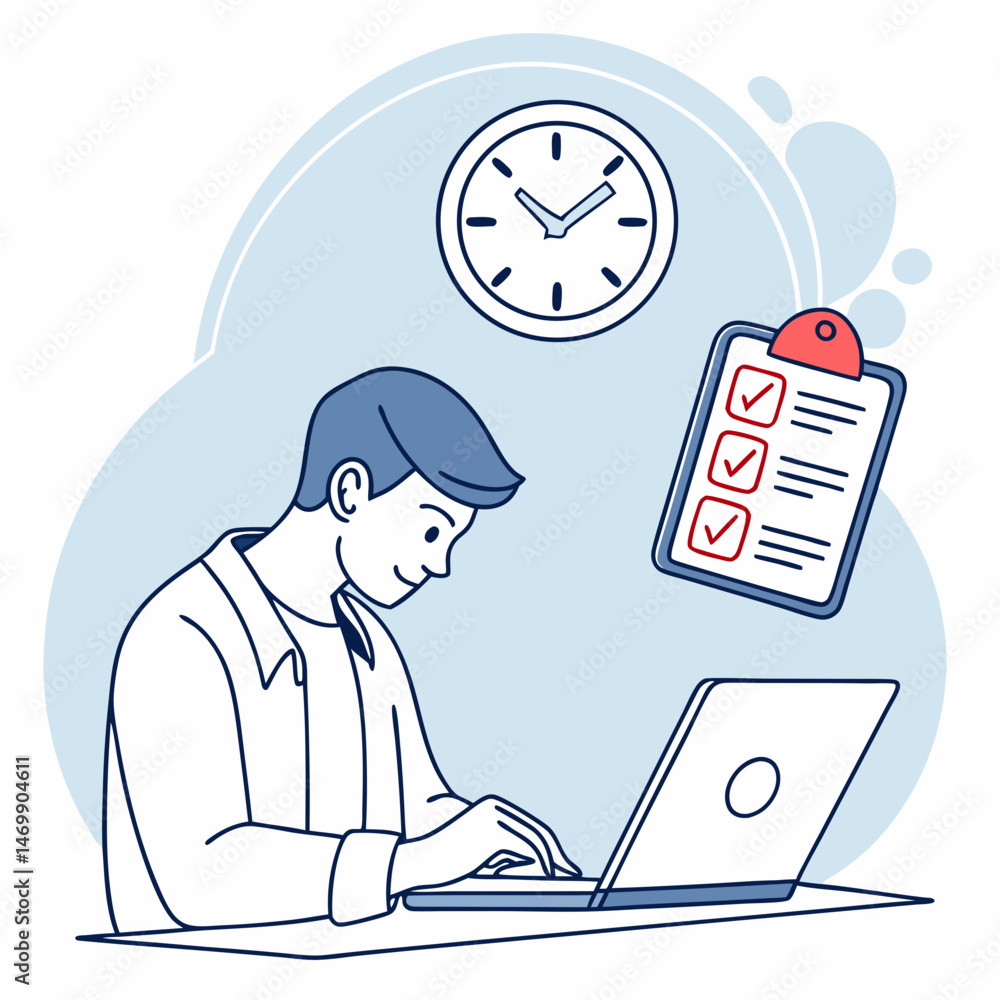 Poster businessman working on a laptop with a checklist and a clock representing deadlines
