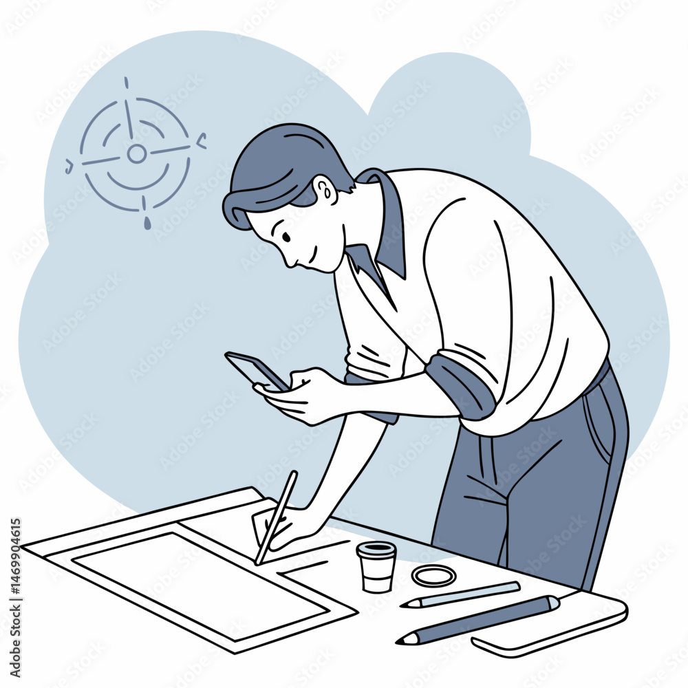 Poster graphic designer working on a project using a tablet and sketching with precision