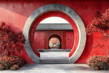 Ornate Archway With Mountain View Framed By Pine Trees high resolution photo