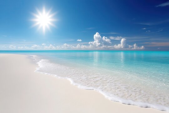 White sandy beach with clear blue water under bright daylight, perfect for summer and travel themes.