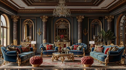 Ornate royal drawing room with stylish velvet furniture and red accents high resolution photo
