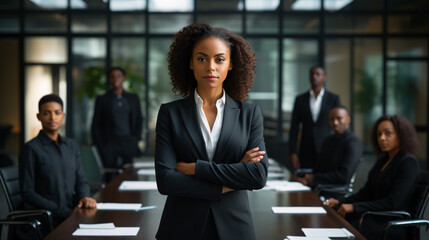 A confident Black woman executive in a power suit, leading her team with strength and professionalism.

