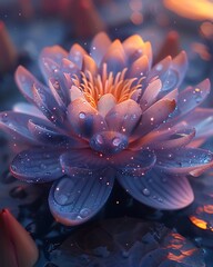 Radiant glowing lotus flower surrounded by magical sparkles and water droplets high resolution photo