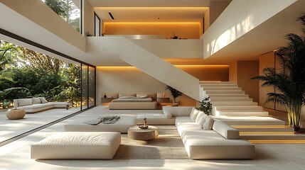 Premium modern hotel bedroom with tropical plants and natural sunlight high resolution photo