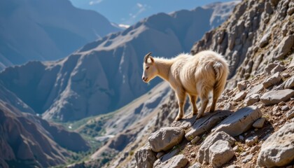 Naklejka premium Fluffy Sheep Standing on Rocky Outcrop Overlooking Majestic Mountains in Bright Sunlight