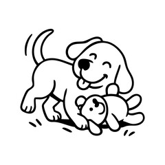 A cheerful dog gripping one end of a rope toy, tugging with determination and a big grin, minimal sketch style, clean and expressive.