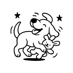 A cheerful dog gripping one end of a rope toy, tugging with determination and a big grin, minimal sketch style, clean and expressive.