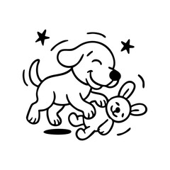 A cheerful dog gripping one end of a rope toy, tugging with determination and a big grin, minimal sketch style, clean and expressive.