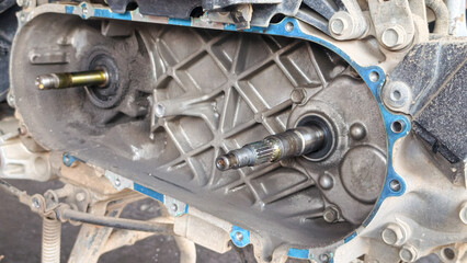 Close-up view of disassembled motorcycle engine casing.