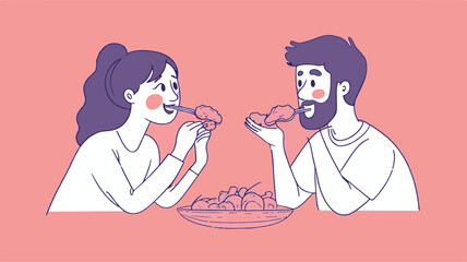 Couple Enjoying Fried Chicken Dinner Together In Cartoon Style Illustration On Pink Background