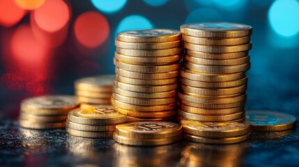Golden coins stacked in towers on a dark surface.