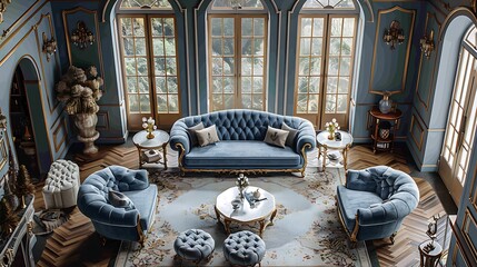 Royal blue palace interior with vintage velvet furniture and chandelier high resolution photo