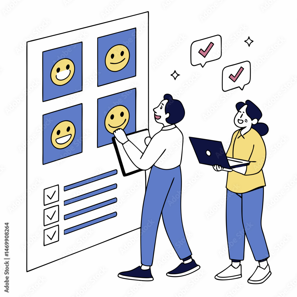 Poster team assessing customer feedback with smileys representing satisfaction in a survey