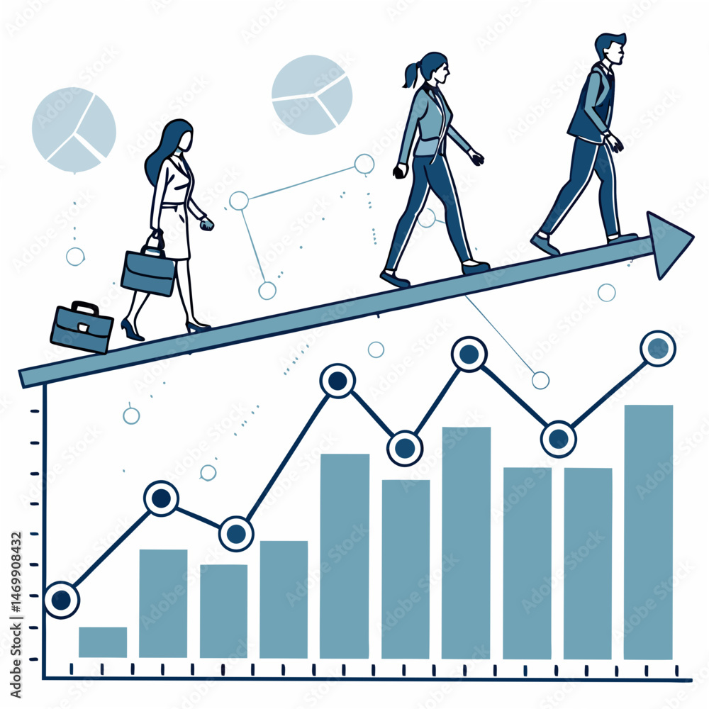 Poster business professionals moving upward on a rising graph with transparency effect