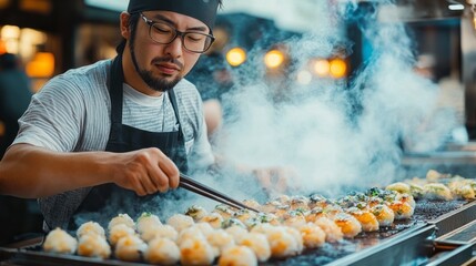 Obraz premium Street food vendor preparing dumplings on a grill.