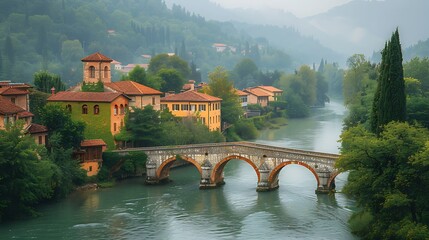 Scenic countryside medieval village featuring historic architecture and tranquil flowing river under stone bridge high resolution photo